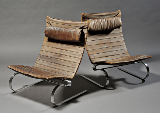 Pair of Poul Kjaerholm (Danish, 1929-1980) PK 20 lounge chairs, leather and steel. Estimate $1,000-$1,500. Image courtesy Skinner Inc.
